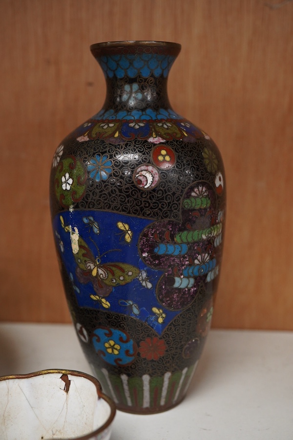 Canton enamel wine cups, European subjects and japanese cloisonne, tallest vase- 15cm high